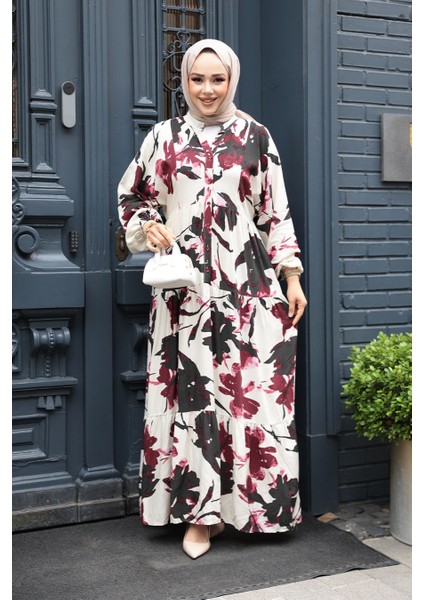 Desenli Mürdüm Tesettür Elbise 24061MU modelleri