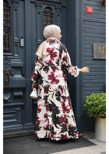 Desenli Mürdüm Tesettür Elbise 24061MU fırsatları
