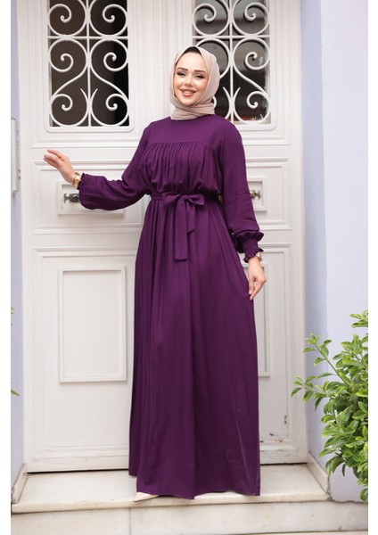 Kemerli Mürdüm Tesettür Elbise 23841MU