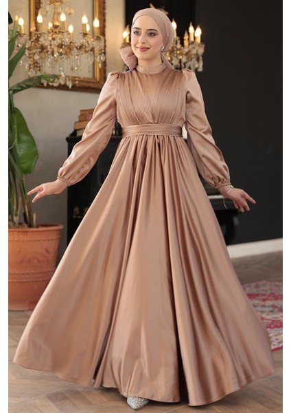 Saten Camel Tesettür Abiye Elbise 23821C
