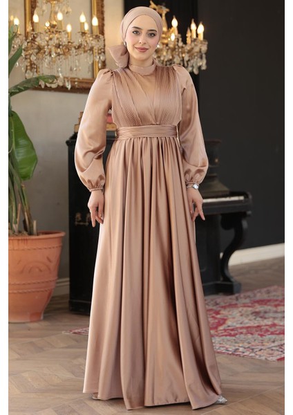 Saten Camel Tesettür Abiye Elbise 23821C fiyatları