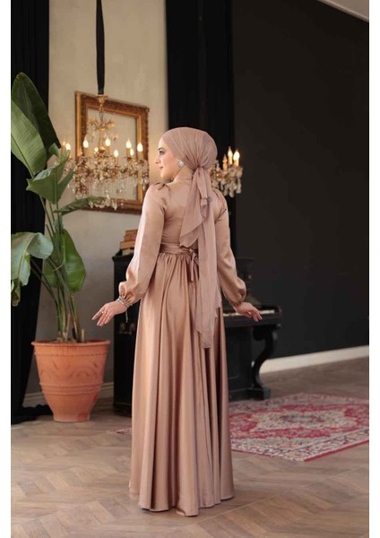 Saten Camel Tesettür Abiye Elbise 23821C modelleri