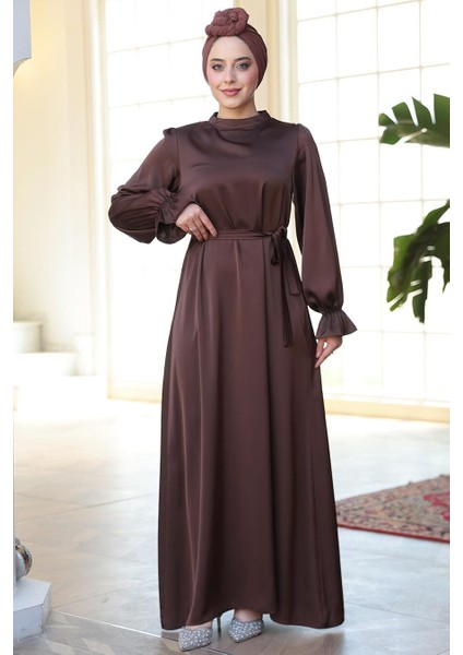 Saten Kahverengi Tesettür Elbise 62132KH