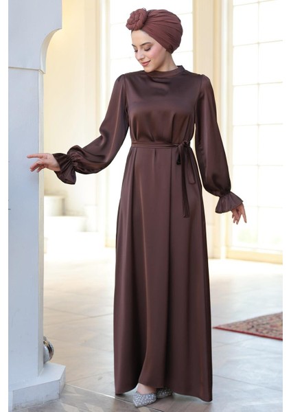 Saten Kahverengi Tesettür Elbise 62132KH fiyatları