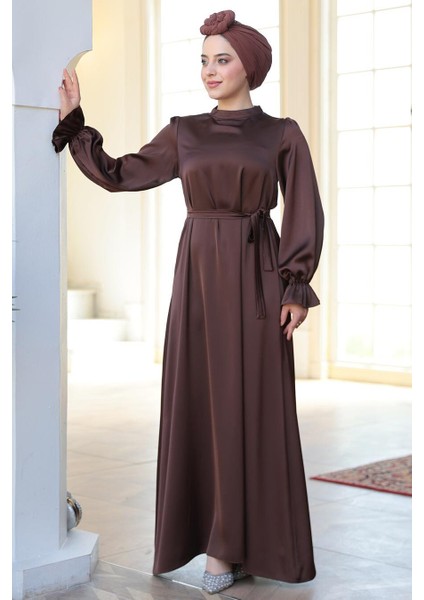 Saten Kahverengi Tesettür Elbise 62132KH modelleri