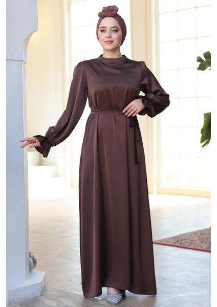 Saten Kahverengi Tesettür Elbise 62132KH fırsatları