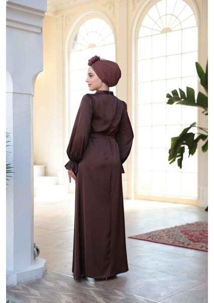 Saten Kahverengi Tesettür Elbise 62132KH indirimleri