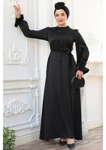 Saten Siyah Tesettür Elbise 62132S