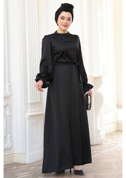Saten Siyah Tesettür Elbise 62132S fiyatları