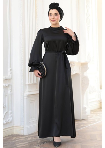 Saten Siyah Tesettür Elbise 62132S modelleri