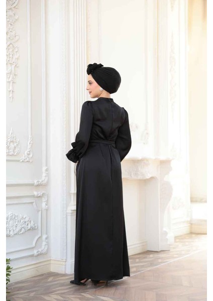 Saten Siyah Tesettür Elbise 62132S fırsatları