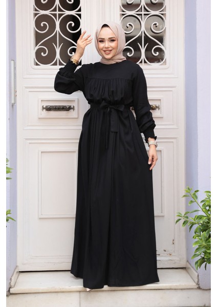 Kemerli Siyah Tesettür Elbise 23841S