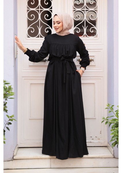 Kemerli Siyah Tesettür Elbise 23841S fiyatları