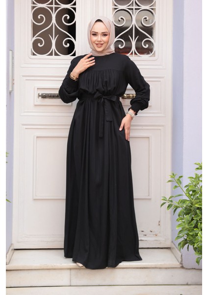 Kemerli Siyah Tesettür Elbise 23841S modelleri