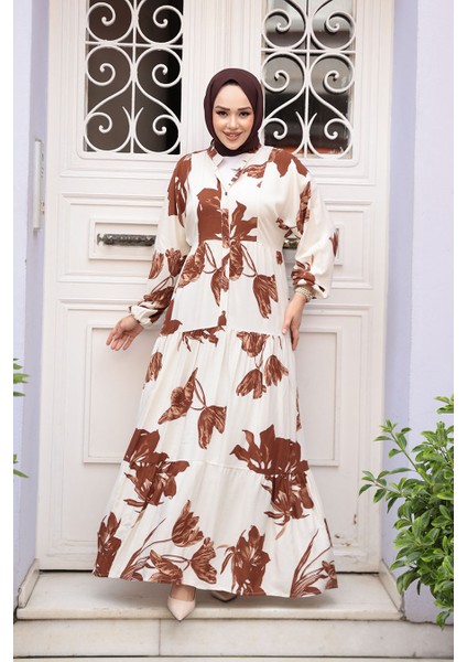 Desenli Taba Tesettür Elbise 24062TB