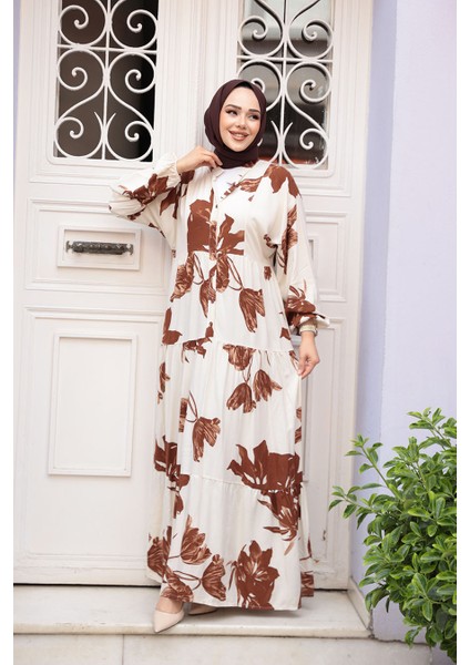 Desenli Taba Tesettür Elbise 24062TB modelleri