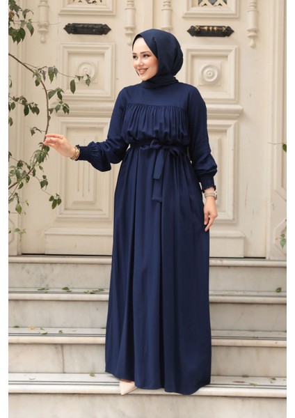 Kemerli Lacivert Tesettür Elbise 23841L