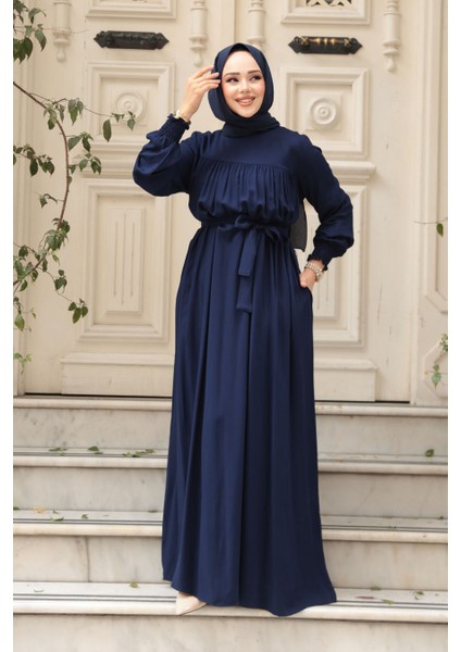 Kemerli Lacivert Tesettür Elbise 23841L fiyatları