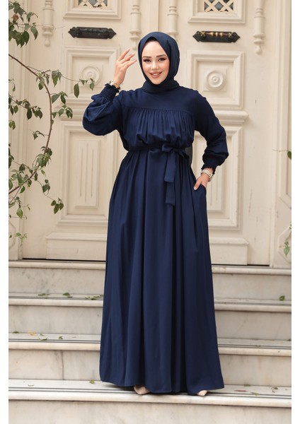 Kemerli Lacivert Tesettür Elbise 23841L modelleri