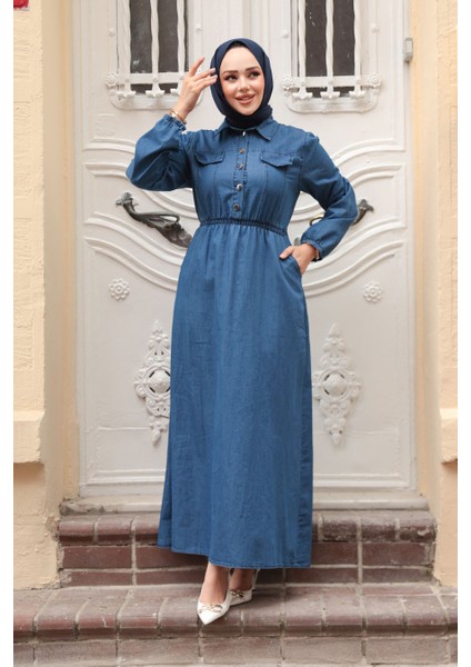 Cep Detaylı Lacivert Tesettür Kot Elbise 717L fiyatları