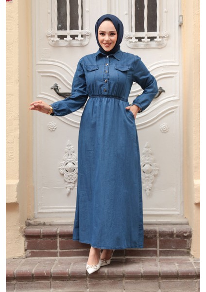 Cep Detaylı Lacivert Tesettür Kot Elbise 717L modelleri