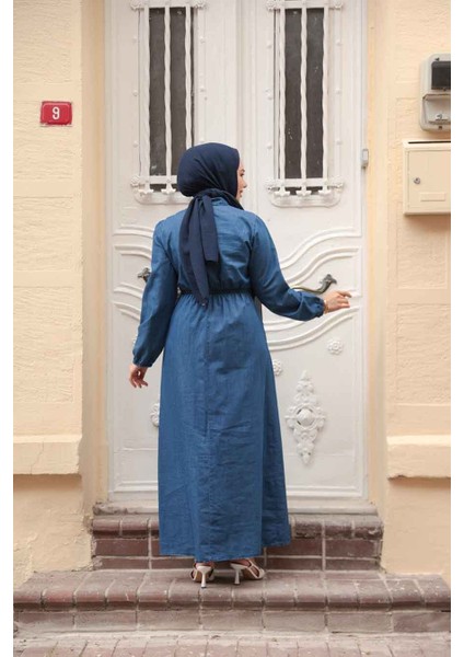 Cep Detaylı Lacivert Tesettür Kot Elbise 717L fırsatları