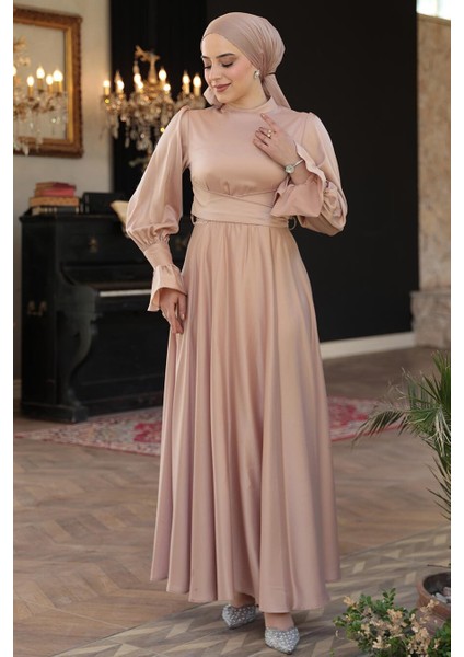 Bisküvi Tesettür Saten Abiye Elbise 5983BS