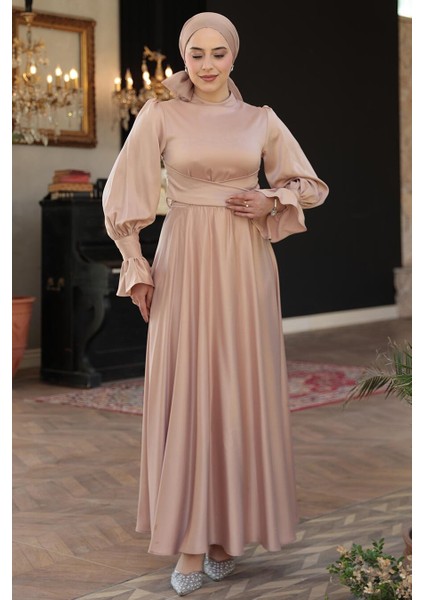 Bisküvi Tesettür Saten Abiye Elbise 5983BS fiyatları