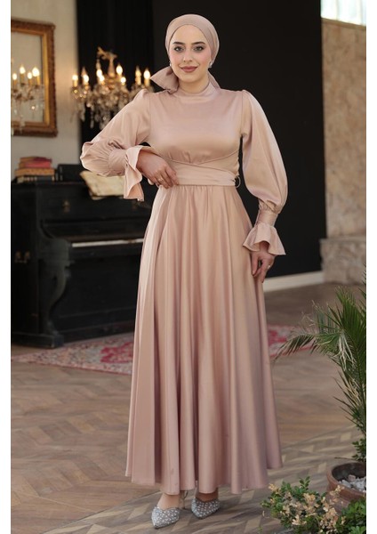Bisküvi Tesettür Saten Abiye Elbise 5983BS modelleri