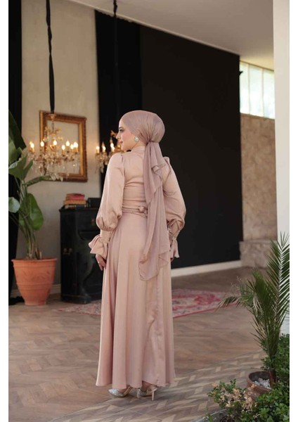 Bisküvi Tesettür Saten Abiye Elbise 5983BS fırsatları