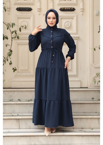 Kat Piliseli Lacivert Tesettür Elbise 10334L fiyatları