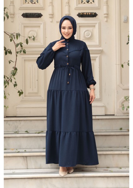 Kat Piliseli Lacivert Tesettür Elbise 10334L modelleri