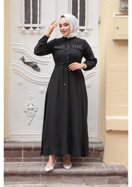 Düğmeli Siyah Tesettür Elbise 17131S