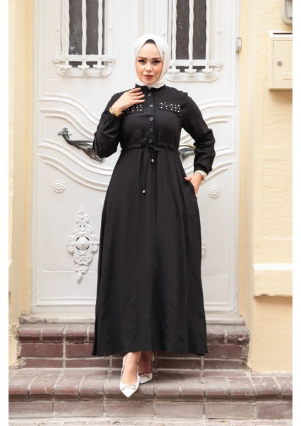 Düğmeli Siyah Tesettür Elbise 17131S fiyatları