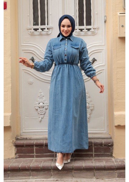 Cep Detaylı Mavi Tesettür Kot Elbise 717M