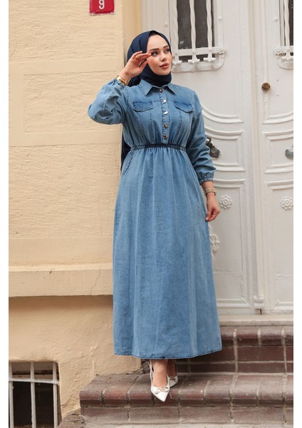 Cep Detaylı Mavi Tesettür Kot Elbise 717M fiyatları