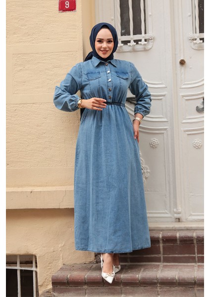 Cep Detaylı Mavi Tesettür Kot Elbise 717M modelleri