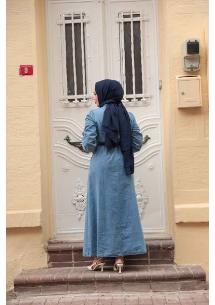 Cep Detaylı Mavi Tesettür Kot Elbise 717M fırsatları