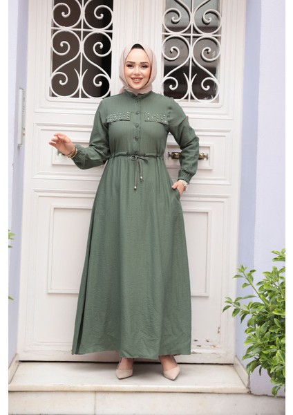 Düğmeli Haki Tesettür Elbise 17131HK