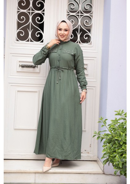 Düğmeli Haki Tesettür Elbise 17131HK fiyatları