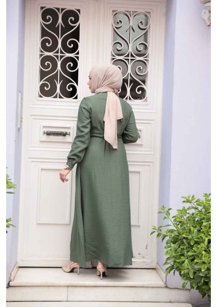 Düğmeli Haki Tesettür Elbise 17131HK modelleri