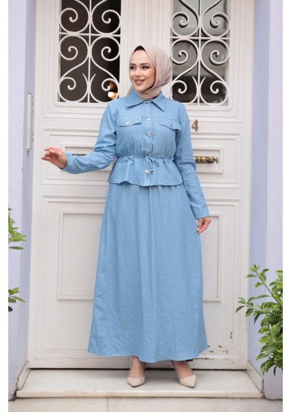 Ceketli Mavi Tesettür Elbise Ikili Takım 44651M