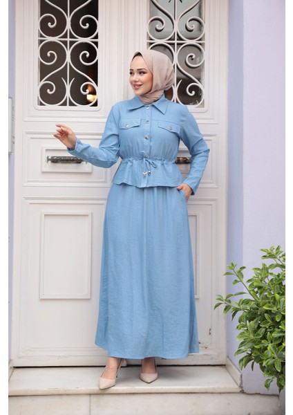Ceketli Mavi Tesettür Elbise Ikili Takım 44651M fiyatları