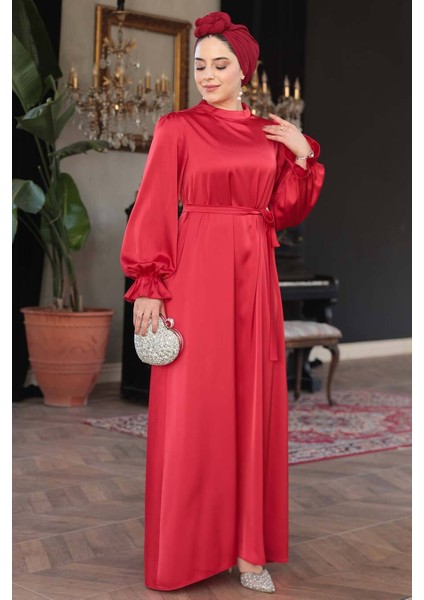 Saten Kırmızı Tesettür Elbise 62132K