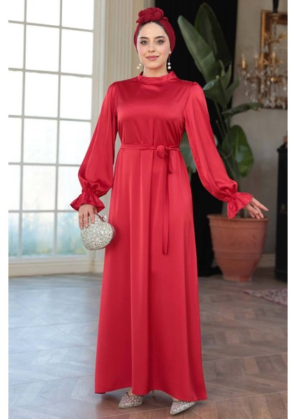 Saten Kırmızı Tesettür Elbise 62132K fiyatları