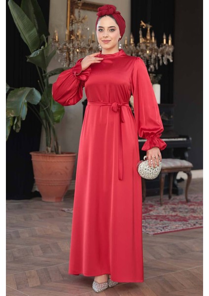 Saten Kırmızı Tesettür Elbise 62132K modelleri