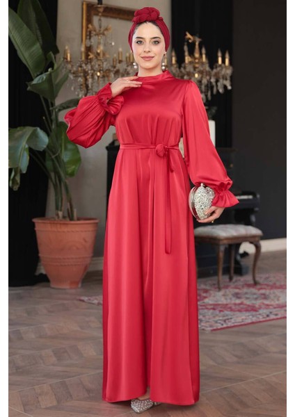Saten Kırmızı Tesettür Elbise 62132K fırsatları