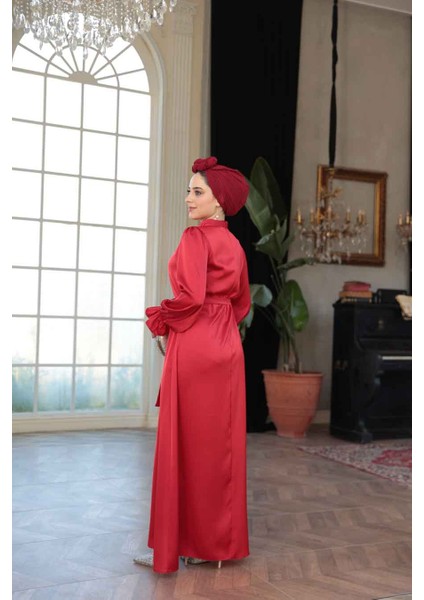 Saten Kırmızı Tesettür Elbise 62132K indirimleri