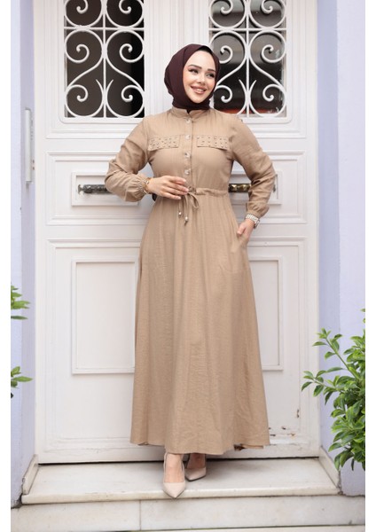 Düğmeli Bisküvi Tesettür Elbise 17131BS modelleri