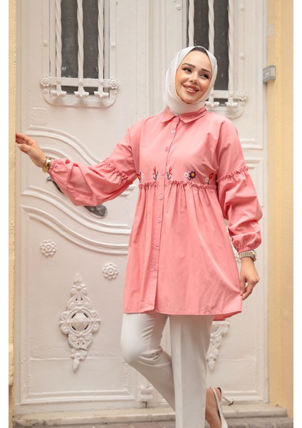Nakış Desenli Somon Tesettür Tunik 40603SMN